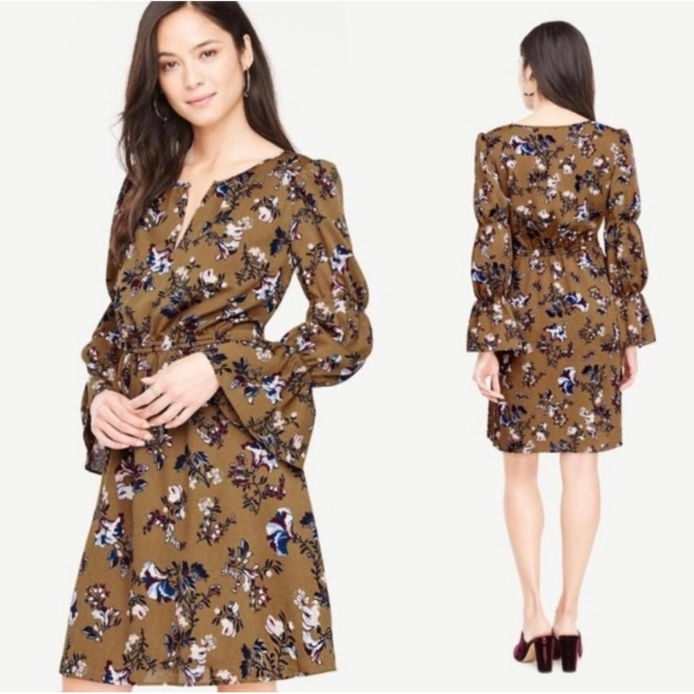 NWT Ann Taylor Petite Floral Print Dress‎ Long Sleeve V Neck Career SP